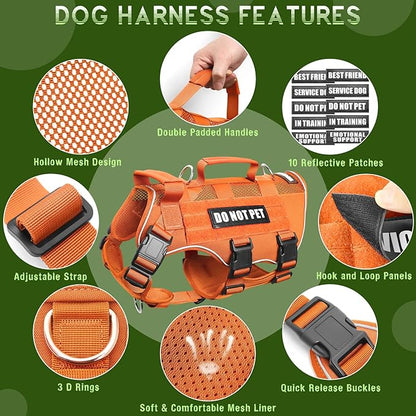 WINSEE Mesh Dog Harness with 10 Pet Patches for Large Service Dog in Training, Breathable Tactical Molle Vest with Double Handles, Reflective Military Pet Vest for Walking Hiking