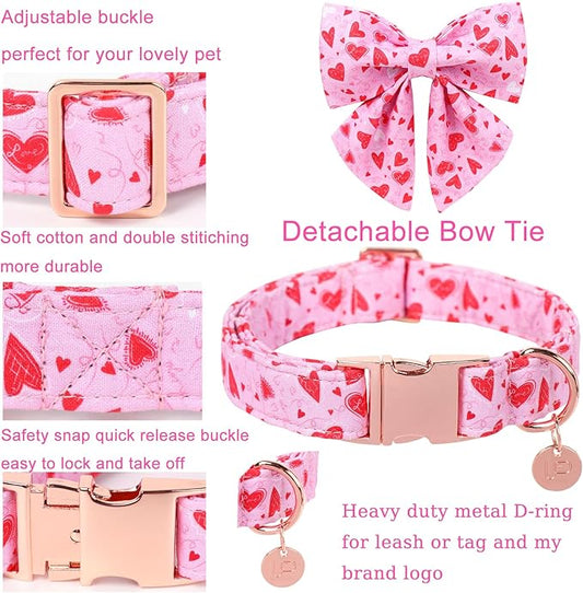 Valentine’s Dog Collar with Bow Tie, Pink Heart Bowtie Collar with Metal Buckle, Valentine’s Gift Pet Collar for Puppy Girl Boy Dog or Cat, Wedding Dog Collar, L