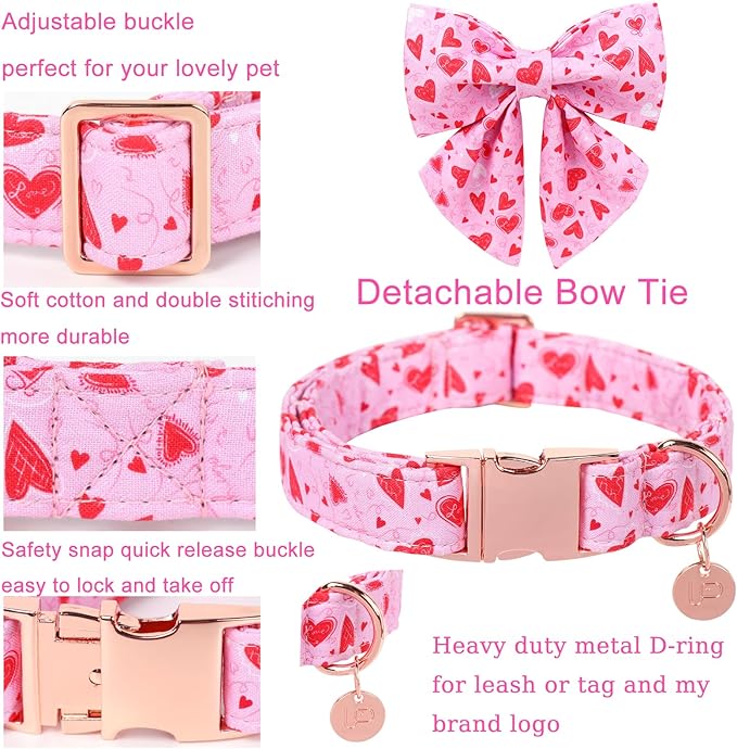Valentine’s Dog Collar with Bow Tie, Pink Heart Bowtie Collar with Metal Buckle, Valentine’s Gift Pet Collar for Puppy Girl Boy Dog or Cat, Wedding Dog Collar, M