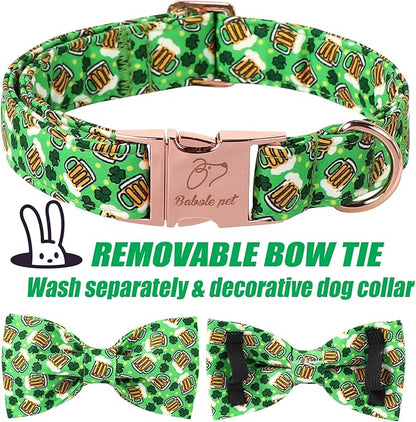 St Patricks Day Dog Collar with Bow Tie - Cotton Beer Clover Green Bowtie Dog Collar Adjustable Heavy Duty Holiday Dog Collars for Small Medium Large Dogs XL