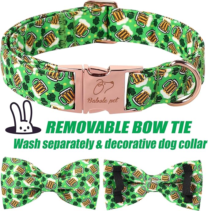 St Patricks Day Dog Collar with Bow Tie - Cotton Beer Clover Green Bowtie Dog Collar Adjustable Heavy Duty Holiday Dog Collars for Small Medium Large Dogs M
