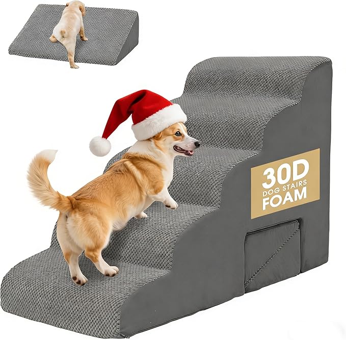 MALOROY Dog Stairs for High Beds 20-24 inches Tall, 5-Step Dog Steps for Bed for Small Dogs, Doggie Ramp for Bed, 30D Foam Pet Stairs for Old Dogs/Cats for Bedsides Climbing, Free-Installation, Grey