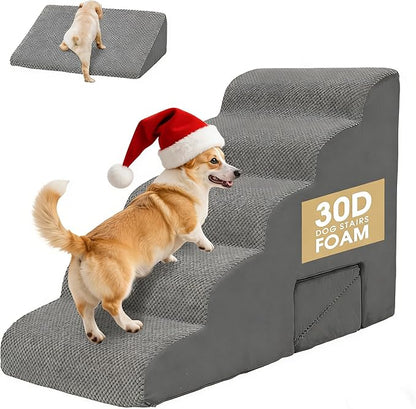 MALOROY Dog Stairs for High Beds 20-24 inches Tall, 5-Step Dog Steps for Bed for Small Dogs, Doggie Ramp for Bed, 30D Foam Pet Stairs for Old Dogs/Cats for Bedsides Climbing, Free-Installation, Grey
