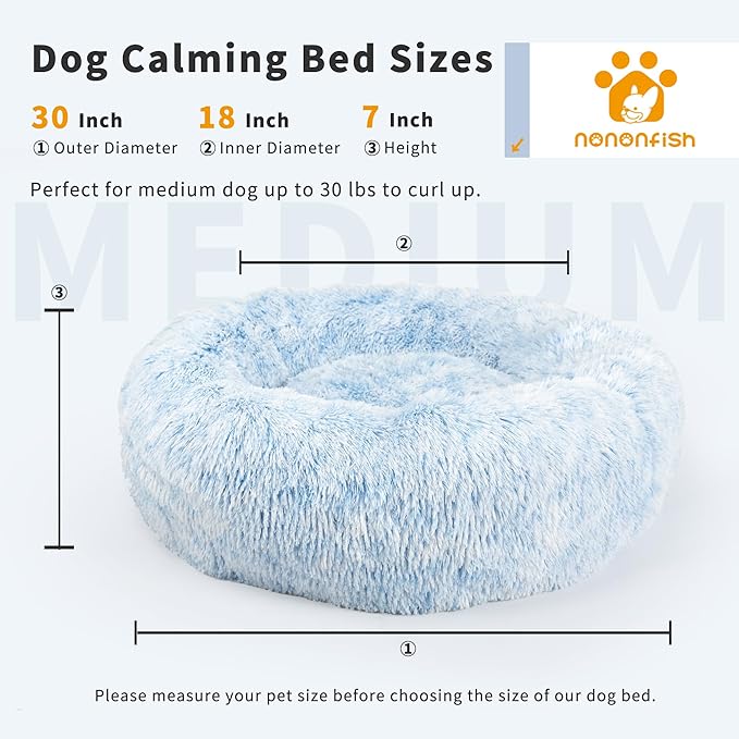 Calming Dog Bed for Medium Dogs Washable Donut 30 inches Anti-Slip Pet Bed,Round Fluffy Plush Faux Fur Cat Bed,Fits up to 45 lbs Pets,Gradient Blue
