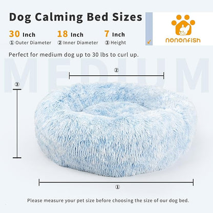 Calming Dog Bed for Medium Dogs Washable Donut 30 inches Anti-Slip Pet Bed,Round Fluffy Plush Faux Fur Cat Bed,Fits up to 45 lbs Pets,Gradient Blue