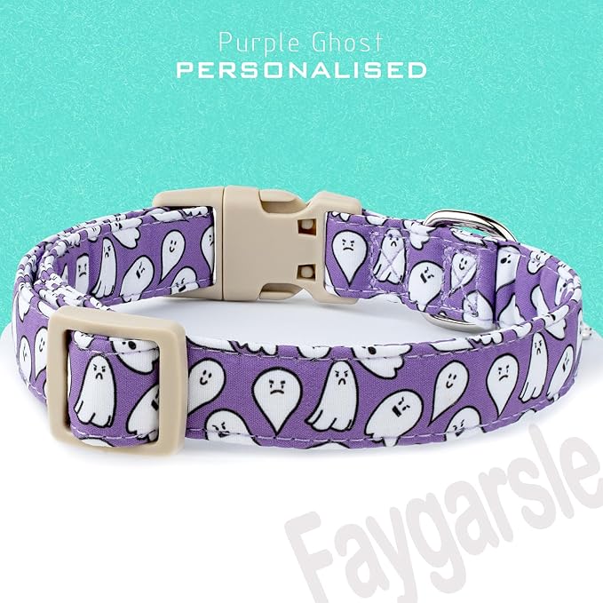 Faygarsle Halloween Dog Collar with Charm, Purple with Ghost Pattern, for Small Medium Large Dogs XS