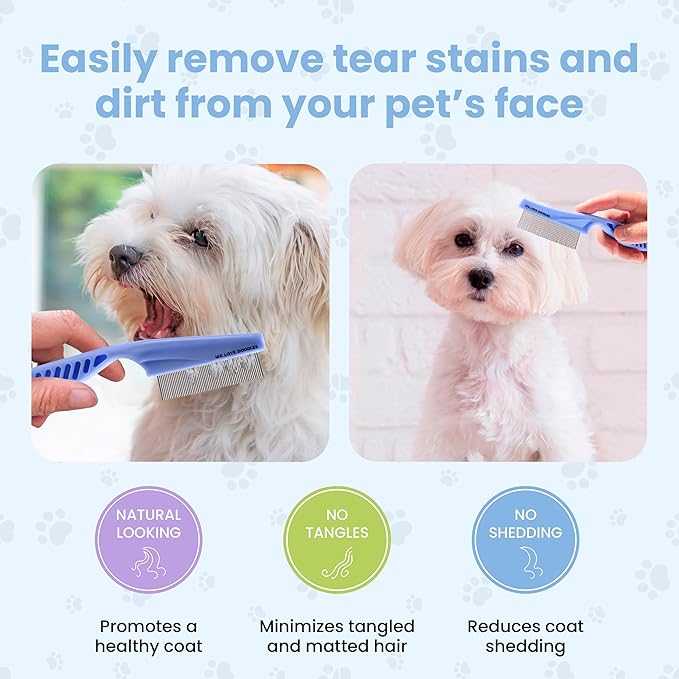 Dog Face Comb, Flea Comb for Dogs, Fine Tooth Tear Stain Remover Metal Comb, Removes Crust, Mucus, and Stains, Face Brush for Poodles & Other Breeds, Grooming Brush for Pets, Large [We Love Doodles]