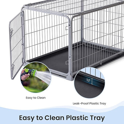 ZOMISIA Foldable Dog Crate for Large Dogs - 42 inch Escape-Proof Metal Kennel with Double Door, Easy Assembly Collapsible Cage with Removable Tray, Indoor Outdoor Use, Silver Gray