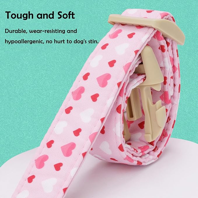 Faygarsle Valentine's Day Dog Collar, Pink with Red and White Hearts Pattern, Adjustable with Quick-Release Buckle and Heart Charm XS