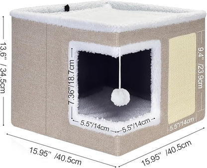 petizer Cat Bed for Indoor Cats, Large Covered Cat House with Scratch Pad, Foldable Cat Cave Bed & Hideaway Cube with Reversible Cushions, Cute Cat Condo for Multi Small Pet Kitten (Khaki)