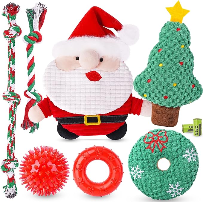 KIPRITII Puppy Toys for Xmas, 9 Pack Santa Dog Toy Set with Chew Toys, Squeaky Toys, Rope Toys & Rubber Teething Toy for Small Dogs and Puppies