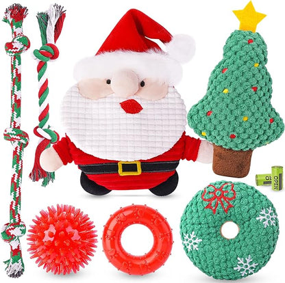 KIPRITII Puppy Toys for Xmas, 9 Pack Santa Dog Toy Set with Chew Toys, Squeaky Toys, Rope Toys & Rubber Teething Toy for Small Dogs and Puppies