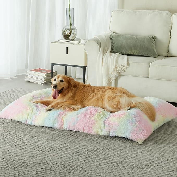 BFPETHOME Dog Beds for Large Dogs, Plush Dog Crate Bed Fluffy Cozy Kennel Pad for Sleeping &Ease Anxiety, Washable Pet Mats with Anti-Slip Bottom for Large Medium Dogs, Pet Bed, Rainbow
