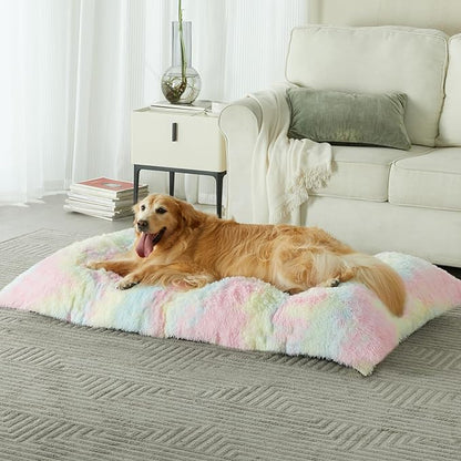 BFPETHOME Dog Beds for Large Dogs, Plush Dog Crate Bed Fluffy Cozy Kennel Pad for Sleeping &Ease Anxiety, Washable Pet Mats with Anti-Slip Bottom for Large Medium Dogs, Pet Bed, Rainbow
