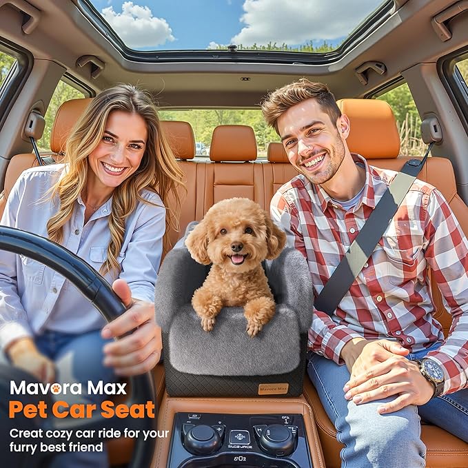 Mavora Max Portable Small Dog Seat for Car, Luxury Center Console Dog Car Seat Booster with Safety Tethers, Anti-Collapse Pet Travel Carseat for SUV, Truck (Black/Grey)