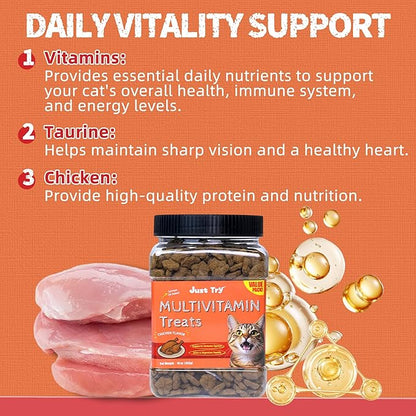 Just Try 16 OZ Daily Vitamins Cat Treats Multivitamin Boost Flavor Healthy Cat Snacks Training Biscuits Health & Energy for Cats