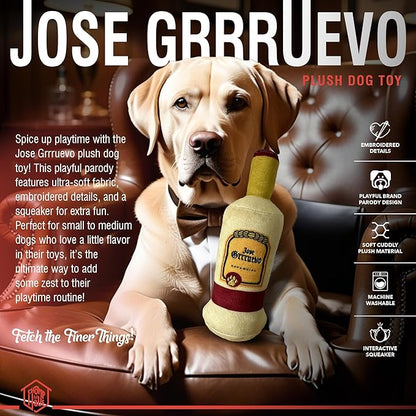 Chomp Haus Jose Grrruevo – Luxurious Plush Dog Toy with Squeaker, Premium Fabric, Embroidered Details, Designer-Inspired Chew Toy, Fun Gift for Small to Medium Dogs & Dog Lovers