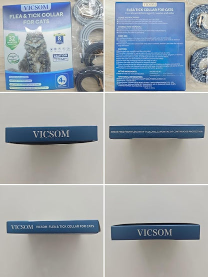 VICSOM 4 Pack Flea and Tick Collar for Cats, 32 Months Treatment Prevention, Waterproof Adjustable Kitten Collar, Black Grey