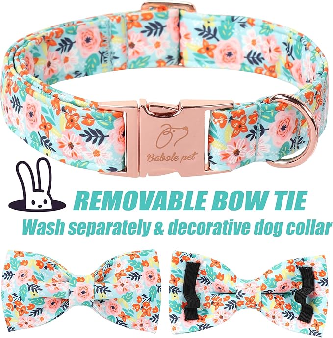 Floral Dog Collar with Bow Tie - Adjustable Light Blue Flower Bowtie Collar Breathable Comfort Spring-Summer Dog Collars for Small Medium Large Dogs L