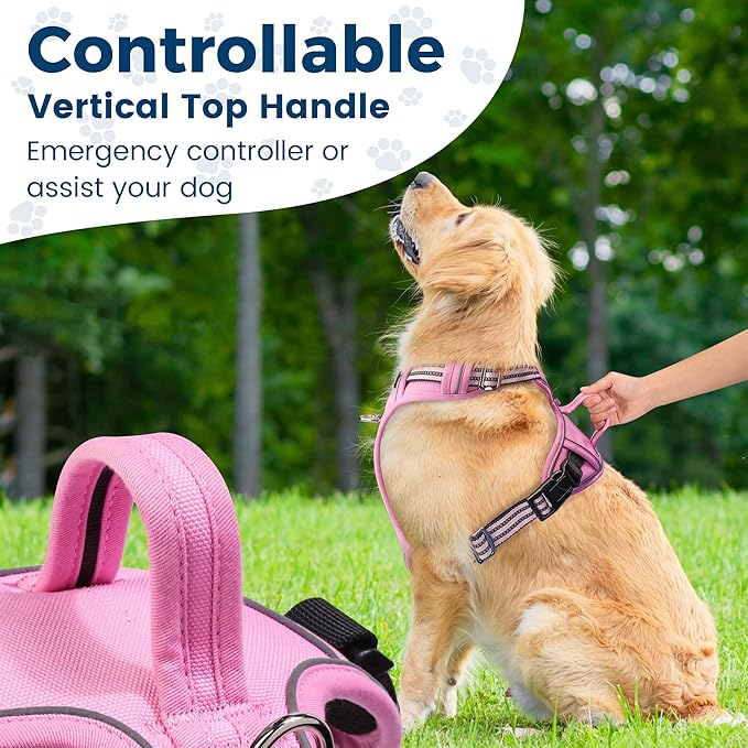 Funfox Dog Harness Medium No Pull, Adjustable 2 Clips Anti-Pull Vest with Practical Handle, Breathable Padded Pet Harness Designed for Small/Large Breeds, Reflective Training Walking Pink M