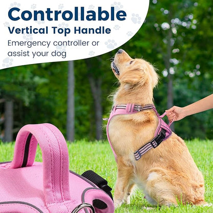Funfox Dog Harness Medium No Pull, Adjustable 2 Clips Anti-Pull Vest with Practical Handle, Breathable Padded Pet Harness Designed for Small/Large Breeds, Reflective Training Walking Pink M