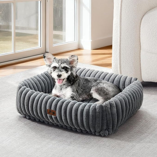 Warmrest Washable Dog Bed for Small Medium Dogs - Rectangle Orthopedic Corduroy Fleece Pet Bed with Removable Cover and Nonskid Bottom, Calming Puppy Bed Soft Pet Sofa, Grey(20x19x6inchs)