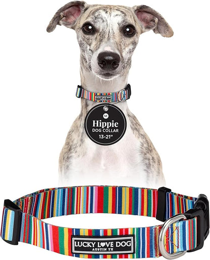 Lucky Love Dog Collars, Rainbow Stripes Pattern Dog Collar for Medium Dogs, Comfortable & Soft Cute Girl or Boy Dog Collar, Hippie, Medium