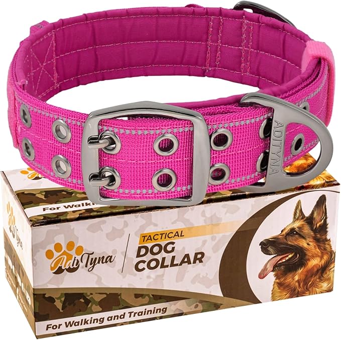 ADITYNA Heavy Duty Dog Collar for Large Dogs - Reflective Magenta Collar with Handle for Training, and Walking - Wide, Thick, Tactical, Soft Neoprene Padded