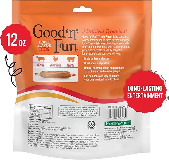 Good 'n' Fun Triple Flavor Ribs Chews for All Dogs, 12 Ounces, Treat Your Dog to Long-Lasting Chews Made with Beef Hide, Chicken and Pork Hide