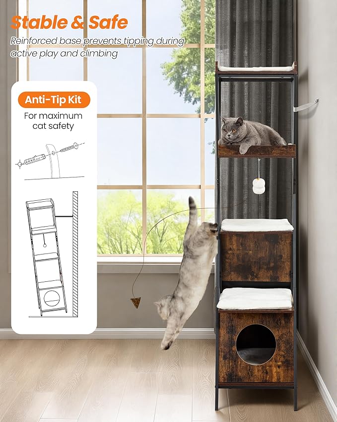Modern Wood Cat Tree Tower for Indoor Cats Large Adult - 67 Inch Tall Multi-Level Heavy Duty Cat Condo Trees Furniture with Caves Perch Bed Scratching Board - XL Big Sturdy Wooden Kitty Climbing House