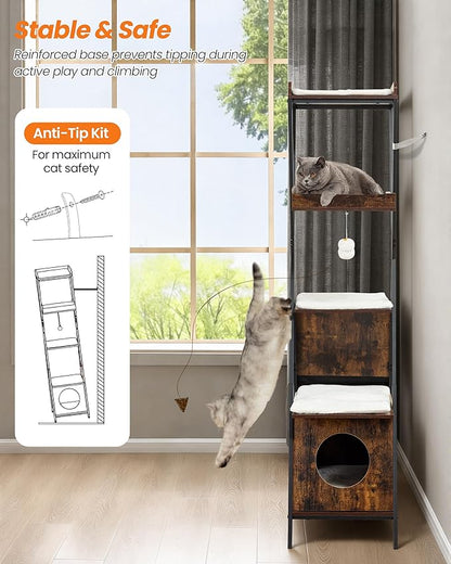 Modern Wood Cat Tree Tower for Indoor Cats Large Adult - 67 Inch Tall Multi-Level Heavy Duty Cat Condo Trees Furniture with Caves Perch Bed Scratching Board - XL Big Sturdy Wooden Kitty Climbing House