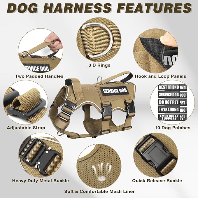 Service Dog Vest and Leash Set,Heavy Duty Tactical Dog Harness with Metal Buckles for Large Dogs,Adjustable No-Pull Dog Harness with 10 Patches,for Training Working,Brown XL