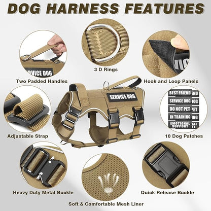 Service Dog Vest and Leash Set,Heavy Duty Tactical Dog Harness with Metal Buckles for Large Dogs,Adjustable No-Pull Dog Harness with 10 Patches,for Training Working,Brown XL