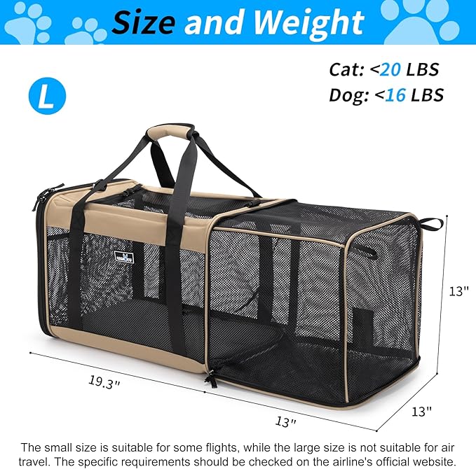 Wakytu Expandable Pet Carrier for Dogs & Cats, Large Travel Bag with 5 Mesh Windows, 2 Entrances, Locking Zippers & Padded Straps,L