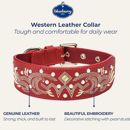 Blueberry Pet Western Leather Dog Collar - Genuine Leather with Floral Embroidery & Pearl Studs Adjustable 15-18 Inch Neck for Medium Dogs, Comfortable and Stylish Pet Collar
