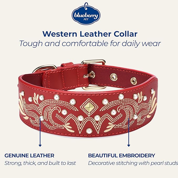 Blueberry Pet Western Leather Dog Collar - Genuine Leather with Floral Embroidery & Pearl Studs, Adjustable 18-22 Inch Neck for Large Dogs, Comfortable and Stylish Pet Collar