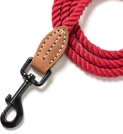 Mile High Life Dog Leash, Braided Cotton Rope Leashes with Leather Tip - Heavy Duty Metal Clasp, 4FT, 1/3" Thick - Wedding, Walking Leash for Small Medium Puppy(Red)