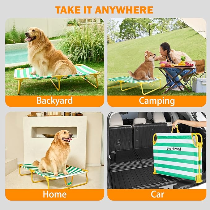 everfront Dog Elevated Bed Foldable Portable Raised Bed Camping cot Outdoor Summer Dog Bed (Medium, GreenStripes-Oxford Fabric)