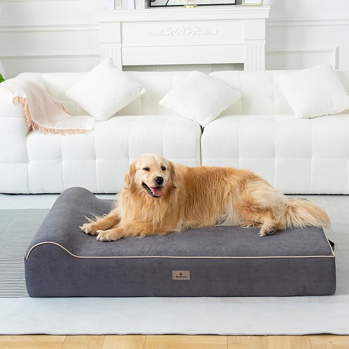 PetFun Jumbo Orthopedic Dog Bed for Large Dogs - 7-inch Thick Memory Foam Dog Bed with Pillow Removable Cover Machine Washable (Gray | Suede), 50''L x 34''W x 10''Th I Extra Large