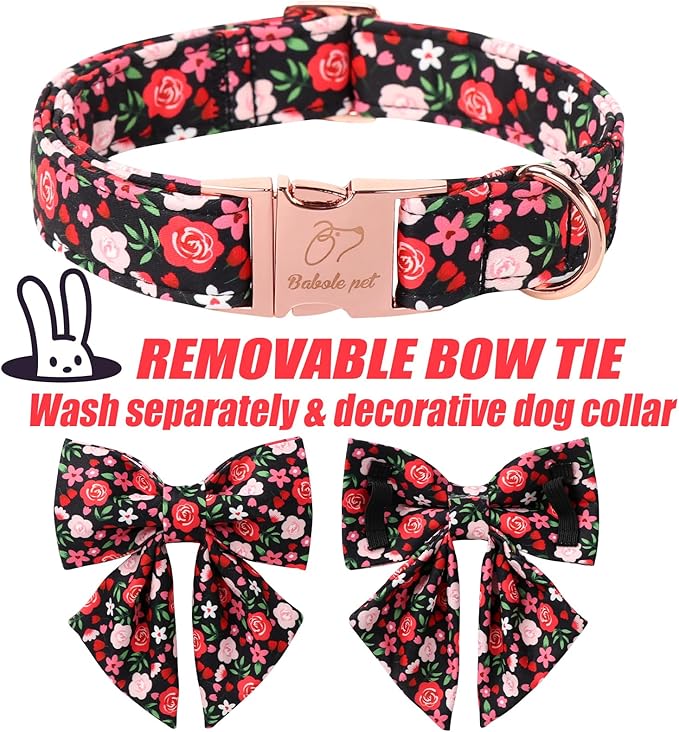 Floral Dog Collar with Lady Bow - Rose Red Wild Flowers Pattern Bowtie Puppy Collar, Adjustable Winter Heavy Duty Dog Collars for Small Medium Large Dogs S