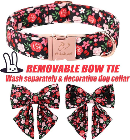Floral Dog Collar with Lady Bow - Rose Red Wild Flowers Pattern Bowtie Puppy Collar, Adjustable Winter Heavy Duty Dog Collars for Small Medium Large Dogs S