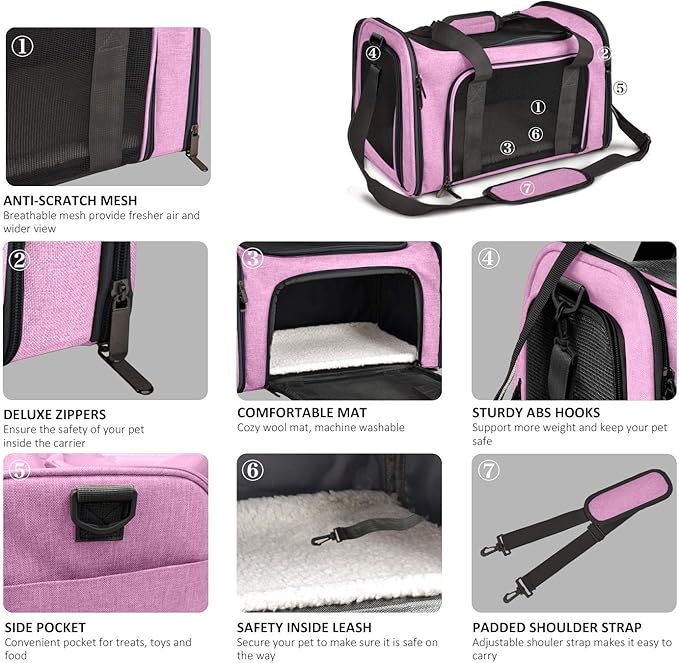 Henkelion Pet Carrier for Small Medium Cats Dogs Puppies up to 15 Lbs, TSA Airline Approved, Soft Sided, Collapsible Travel - Pink