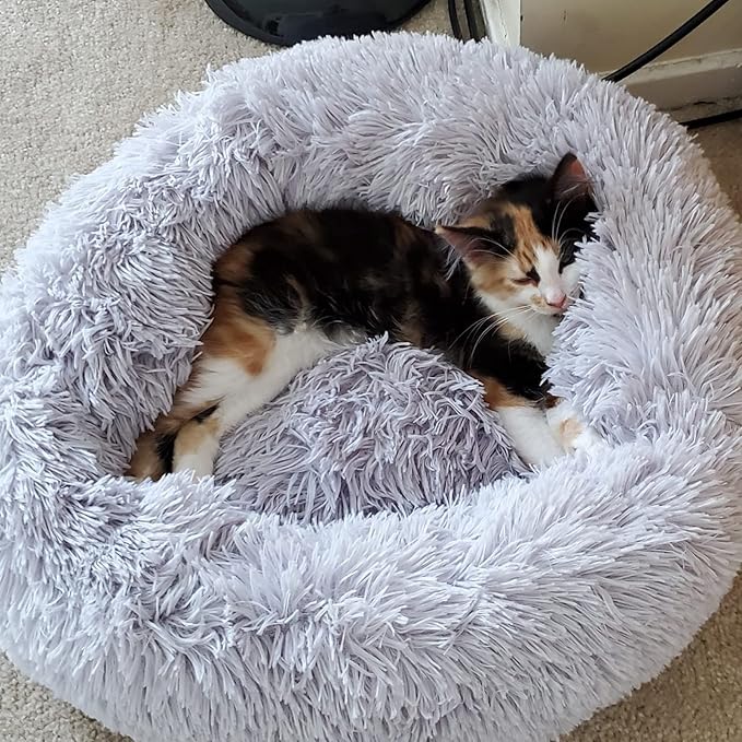 Calming Donut Dogs Beds for Small Dogs Washable,23inch Plush Round Pet Bed for Cozy Sleep,Fluffy Faux Fur Large Cat Bed,Fits up to 25 lbs Pets,Frost Grey