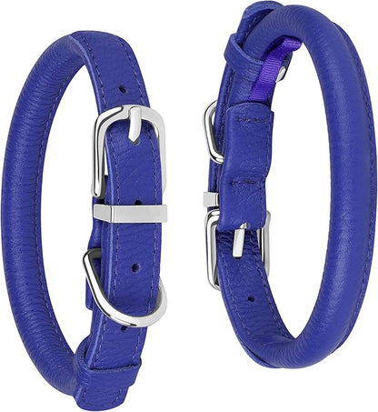 OOPSDOGGY Rolled Leather Dog Collar Soft Roll Collars for Small Medium Large Dogs Puppy (Navy Blue, XXS, 7"-9")