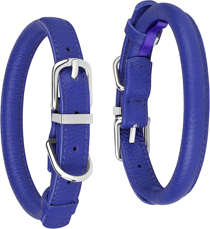OOPSDOGGY Rolled Leather Dog Collar Soft Roll Collars for Small Medium Large Dogs Puppy (Navy Blue, M, 12"-15")