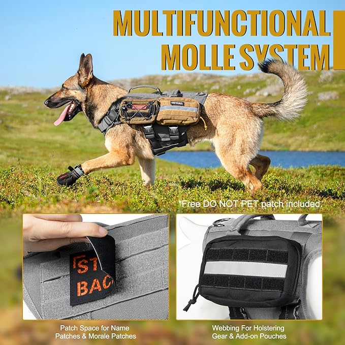 OneTigris Tactical Dog Harness with 5X Metal Buckle,Dog MOLLE Vest with Handle,No Pulling Front Clip,Hook and Loop Panel for Dog Custom Patch (M, Grey)