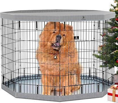 PJYuCien Dog Playpen, 8 Panels 42”H Dog Playpen Indoor with Grey Bottom Pad and Top Cover, Metal Foldable Dog Pen for Indoor Use, Better for Small Medium Animals, Grey