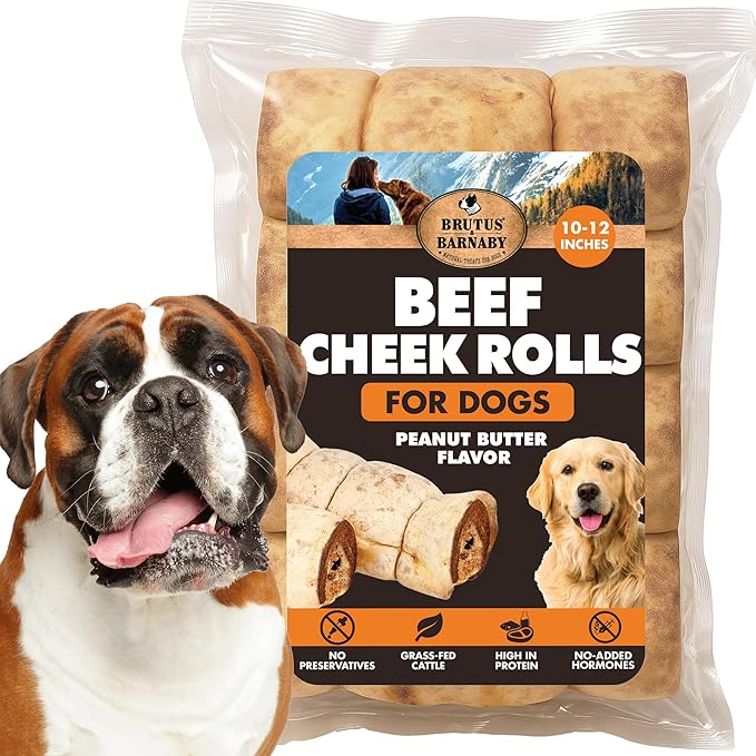 Premium Beef Cheek Rolls for Dogs 10-12" - (10-Pack), Peanut Butter Flavored Long Lasting, Safe & Natural Rawhide Alternative Chews, Ideal for Large Dogs & Aggressive Chewers, Supports Dental Health