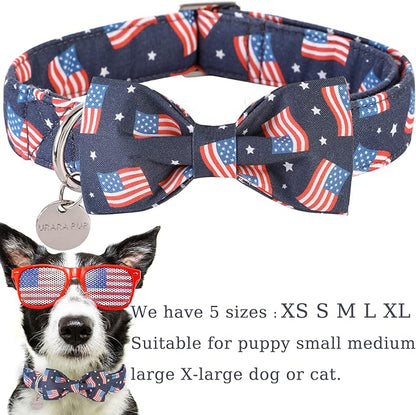 American Flag Dog Collar with Bow Tie, 4th of July Comfortable Cotton Cute Dog Collar with Metal Buckle, Patriotic Bowtie Collar for Puppy Girl Boy Dog, S