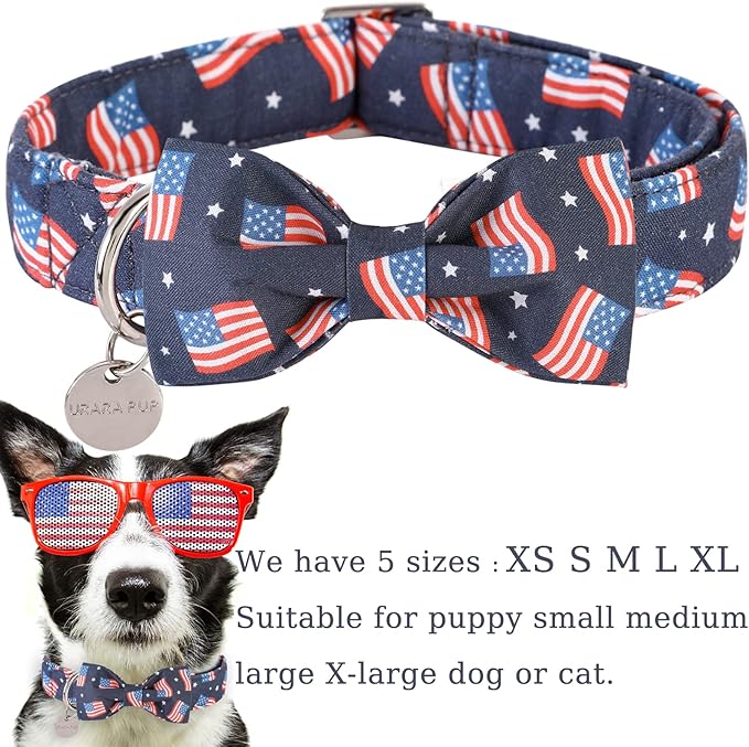 American Flag Dog Collar with Bow Tie, 4th of July Comfortable Cotton Cute Dog Collar with Metal Buckle, Patriotic Bowtie Collar for Puppy Girl Boy Dog, M